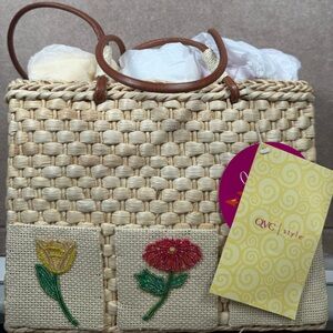 Quacker Factory beaded straw tote bag with 3 matching shirts